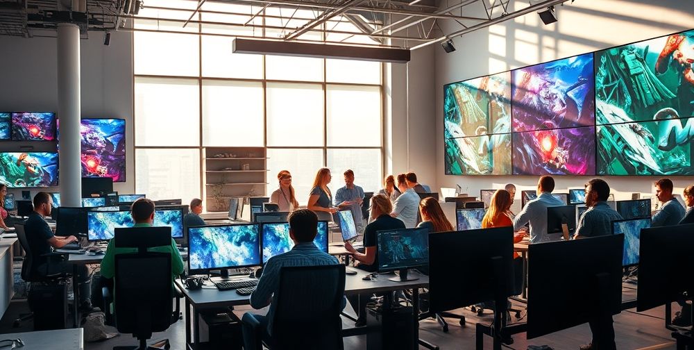 A dynamic workspace with game developers collaborating on new Xbox titles, showcasing vibrant screens filled with graphics and game art.