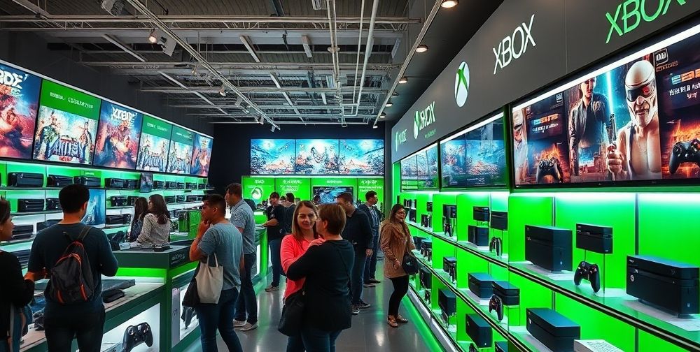 A well-lit electronics store showcasing various Xbox consoles, with customers browsing and seeking assistance, bright colors and modern design elements.