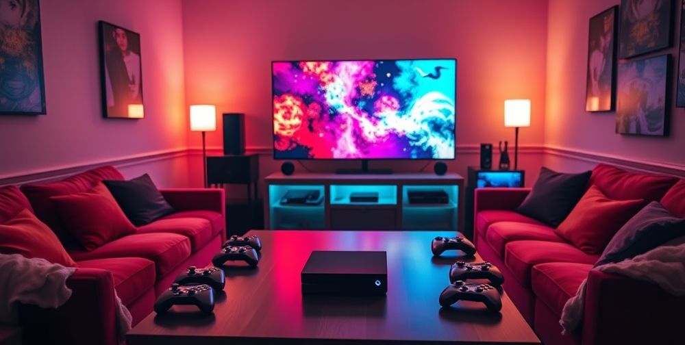 A cozy game room with an Xbox console connected to a 4K TV, vibrant colors, soft lighting, and game controllers neatly arranged on a table.