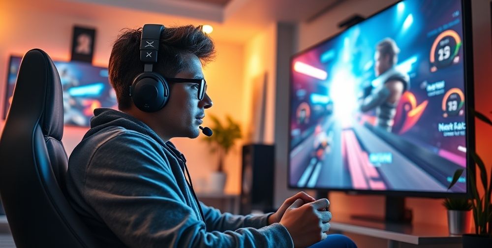 A detailed image showing a gamer intensely playing a newly released Xbox game in a well-lit room, highlighting their focus and excitement, with a large screen displaying vibrant in-game graphics.