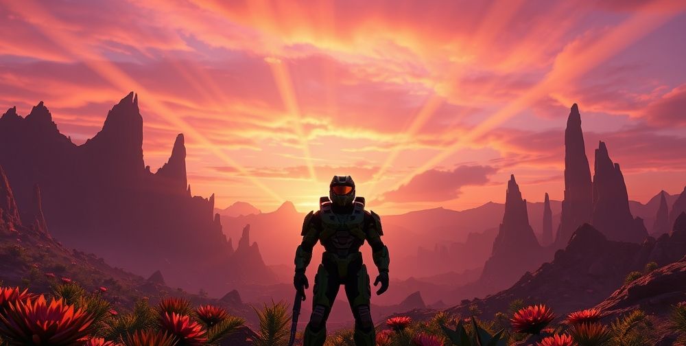 A thrilling scene from Halo Infinite, showcasing Master Chief in an expansive alien landscape under a vivid sky, emphasizing the vibrant colors and immersive world.