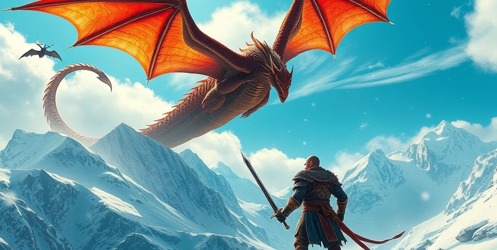 An immersive scene from Skyrim showing a Dragon soaring over snowy mountains, with a lone warrior ready for battle, capturing the epic fantasy and vibrant colors of the world.