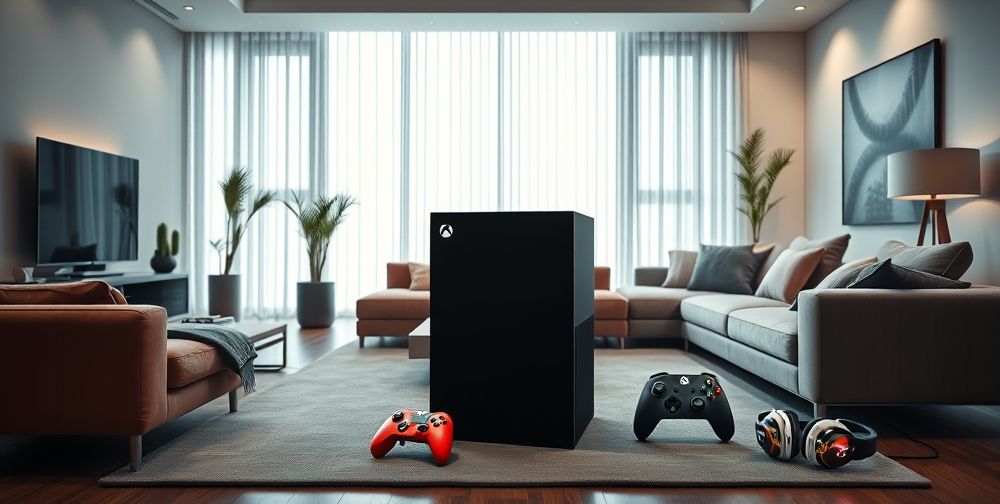 A sleek, modern Xbox Series X console in a stylish living room setting, showcasing its black exterior and contemporary design, surrounded by gaming accessories.