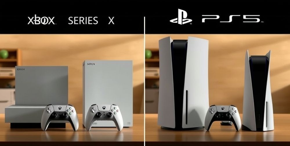 A comparison image showcasing Xbox Series X and S next to PlayStation 5, highlighting their features and design differences, in a well-lit gaming environment.