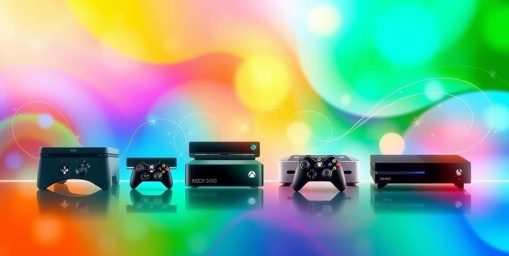 An artistic representation of the evolution of Xbox gaming consoles over the years, showcasing different models like Xbox, Xbox 360, and Xbox One in a timeline format against a colorful background.