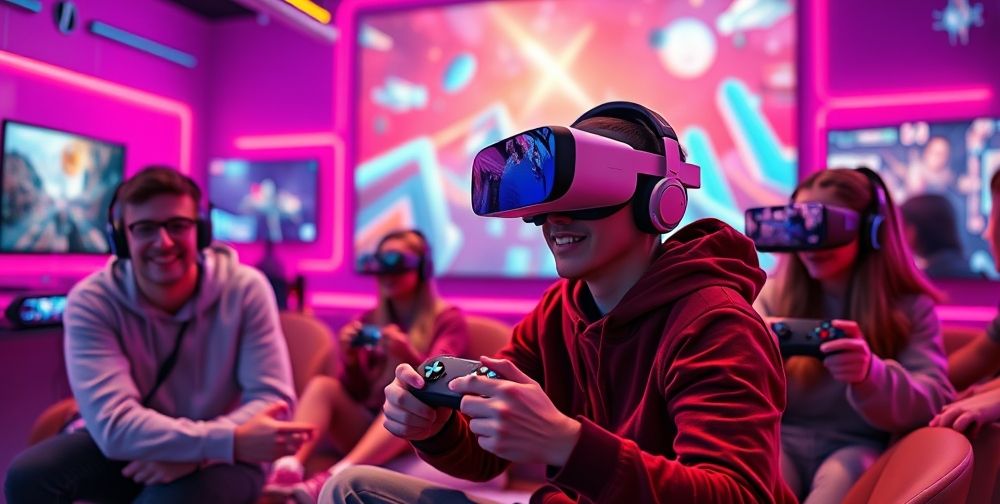 A futuristic representation of gaming with Xbox including a person using virtual reality goggles playing games with friends in a vibrant digital environment showing various futuristic game scenes.