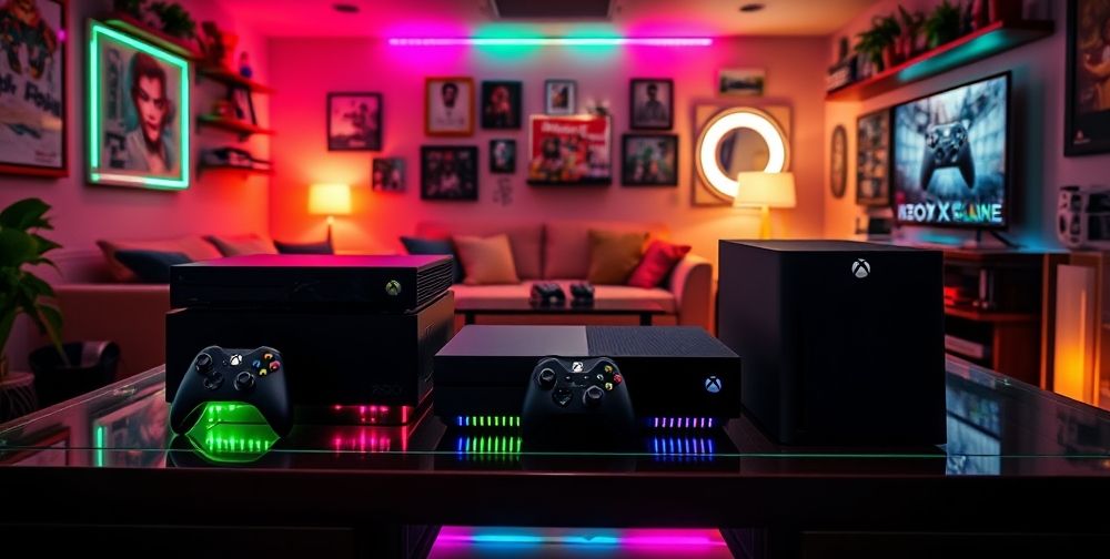 A dynamic image showcasing the evolution of Xbox consoles through the years, featuring Xbox 360, Xbox One, and Xbox Series X, all displayed in a modern gaming setup. The consoles are illuminated with colorful lights, enhancing their sleek designs, against a backdrop of a cozy gaming room.