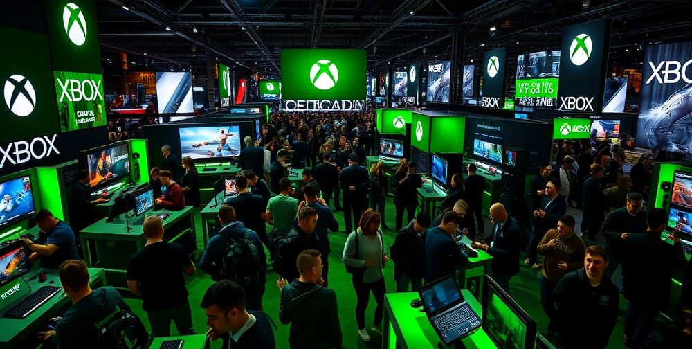 A vibrant image of a busy gaming expo showcasing Xbox-related activities, with attendees testing games, interacting with presenters, and enjoying the vibrant atmosphere filled with various Xbox promotional materials, banners, and setups that reflect the exciting brand image of Xbox.