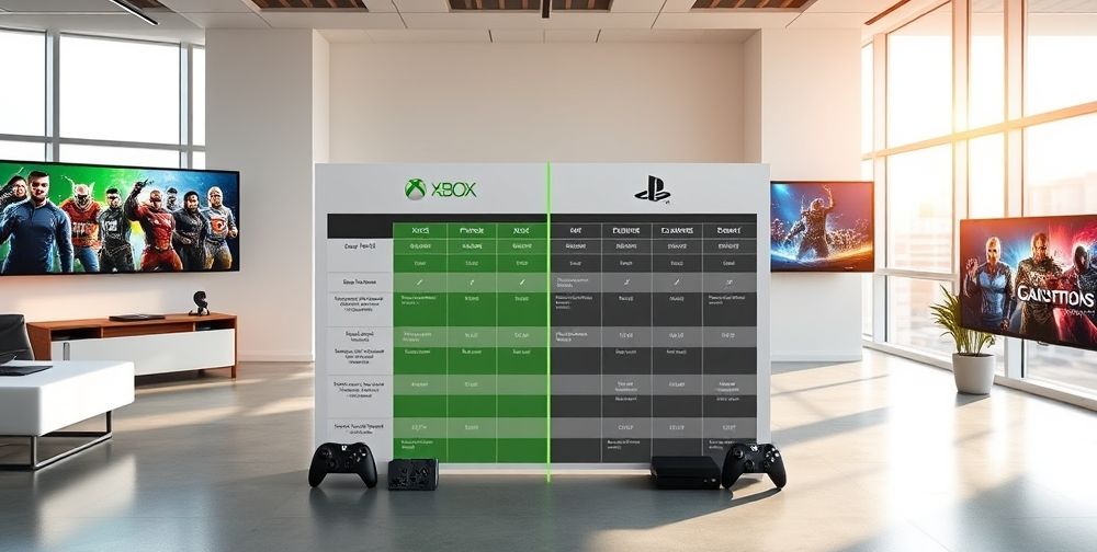 A comparison chart showing the prices, features, and exclusive games of Xbox and PlayStation, set in a modern office environment.