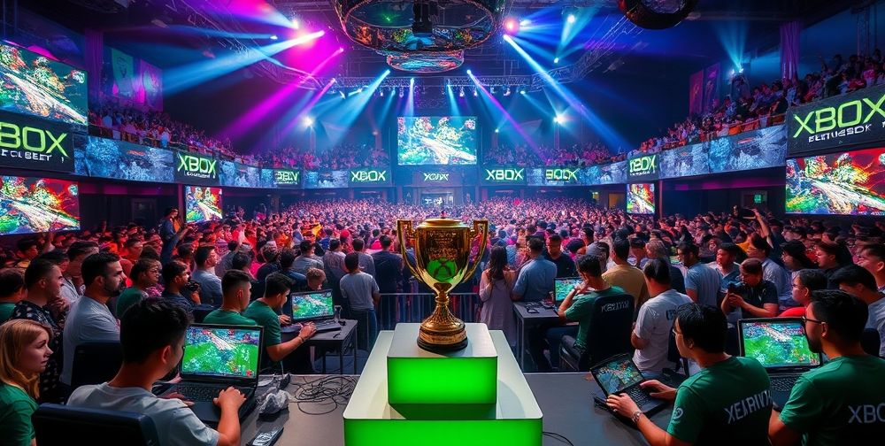 A dynamic gaming competition on Xbox, showcasing players engaged in intense matches with trophies and cheering crowds in a vibrant venue.