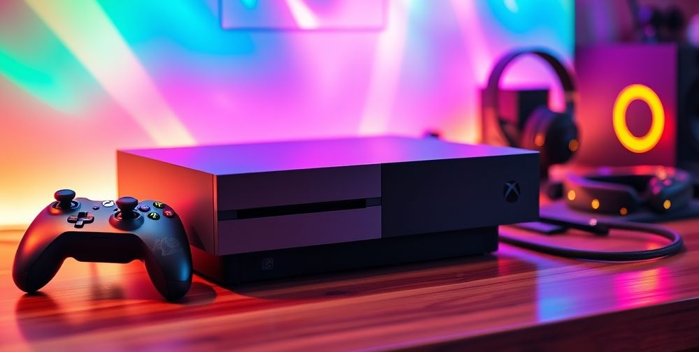 A modern Xbox console sitting on a wooden gaming desk, illuminated with colorful LED lights, showcasing various gaming peripherals like controllers and headphones in the background.