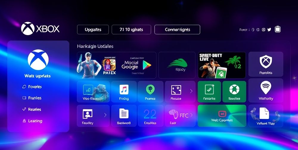 An Xbox dashboard displaying the latest software updates with an interactive interface, featuring vibrant colors and user-friendly navigation elements.