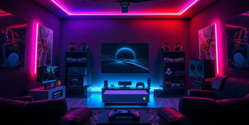 A futuristic Xbox console with advanced graphics displayed in a gaming room, adorned with colorful LED lights and modern gaming accessories.