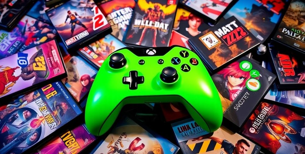 An Xbox controller surrounded by various video game titles, featuring bright colors and a dynamic perspective to highlight the gaming lifestyle.