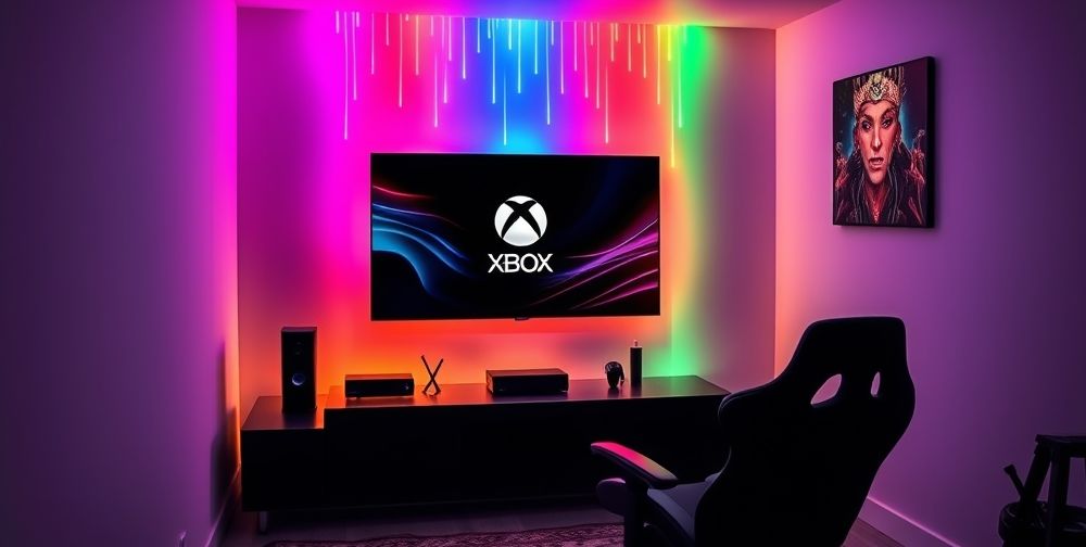 A vibrant gaming setup featuring an Xbox console, a modern flat-screen TV, and a cozy gaming chair, highlighting an immersive gaming environment with a colorful RGB lighting in the background.