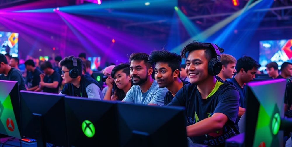 A lively gaming competition atmosphere with young diverse gamers intensely focused on Xbox consoles, cheering and celebrating, with colorful lights and branded equipment in the background.