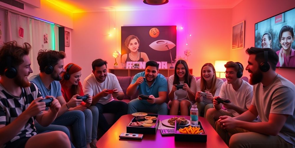 A vibrant scene of gamers playing Xbox together in a living room, with colorful LED lights, snacks on the table, and excitement in the air.