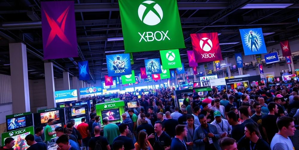 An exciting gaming expo hall with large crowds, vibrant banners showcasing Xbox, gaming stations, and fans engaging in competitions and chats.