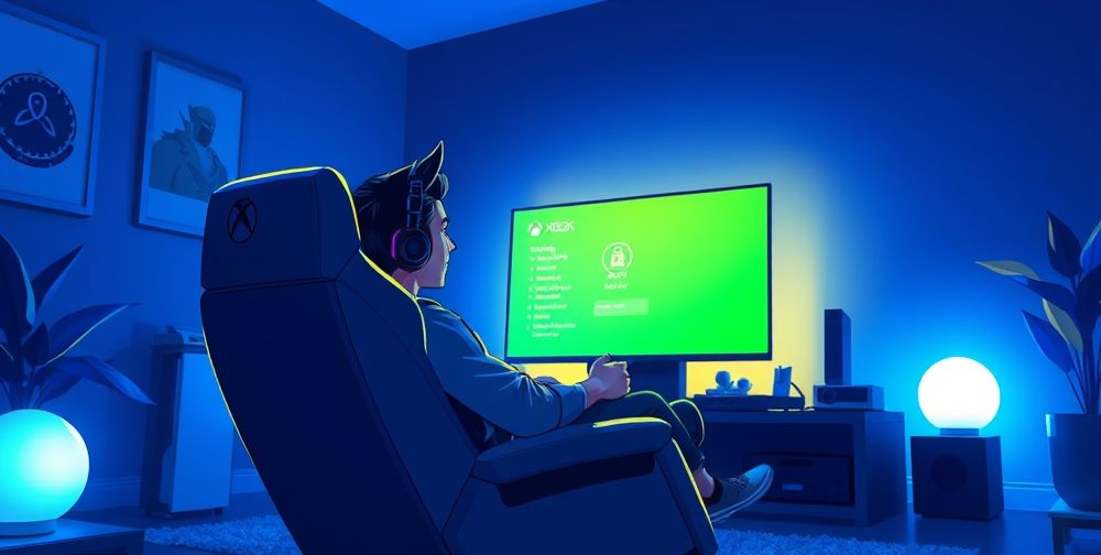 A detailed image showing a gamer in a comfortable gaming chair, focused on a bright Xbox screen, with visible security settings on the screen. Soft blue lighting creates a calming ambiance.