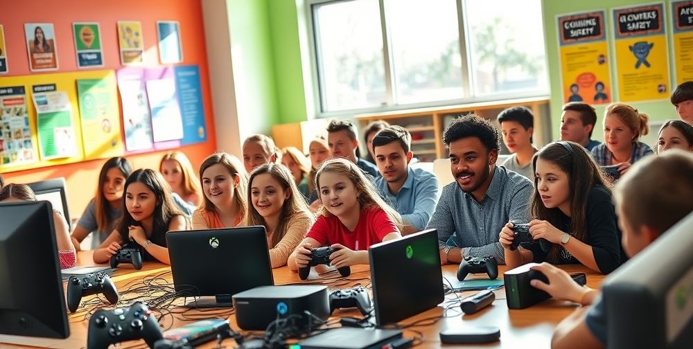 A vibrant classroom setting where a group of young gamers is participating in a workshop about online safety while playing Xbox. Bright colors and engaged expressions highlight the importance of safety education.