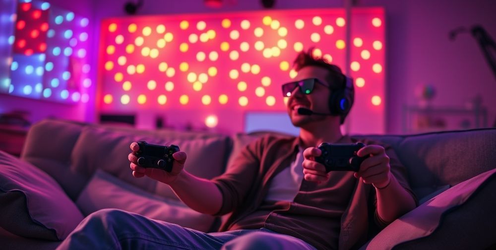 A gamer enjoying Xbox Copilot, sitting on a comfortable couch with two controllers, colorful LED lights in the background creating a vibrant atmosphere.