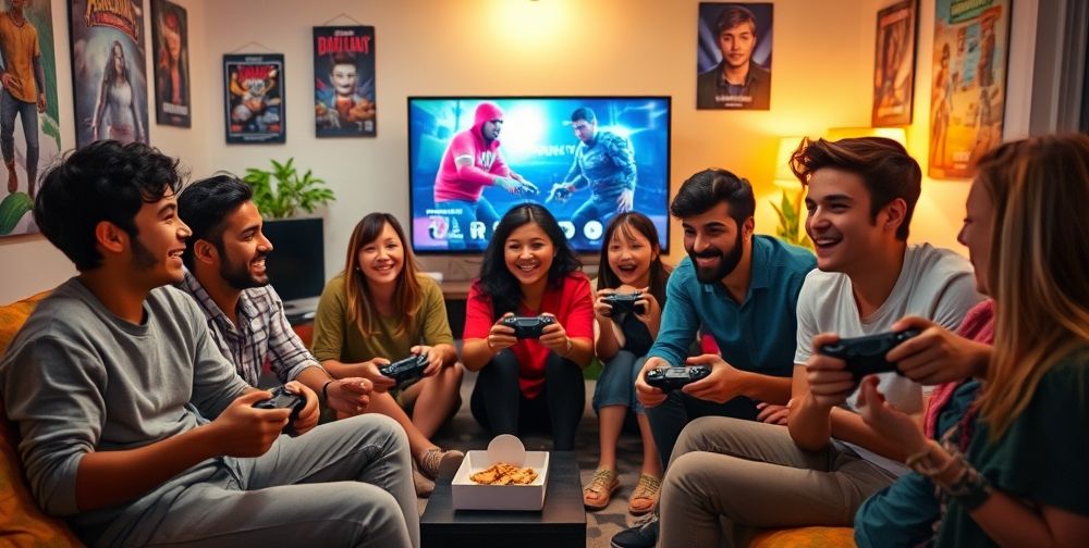 A diverse group of young gamers using Xbox Copilot for cooperative gaming in a lively living room, sharing laughter and excitement while playing.