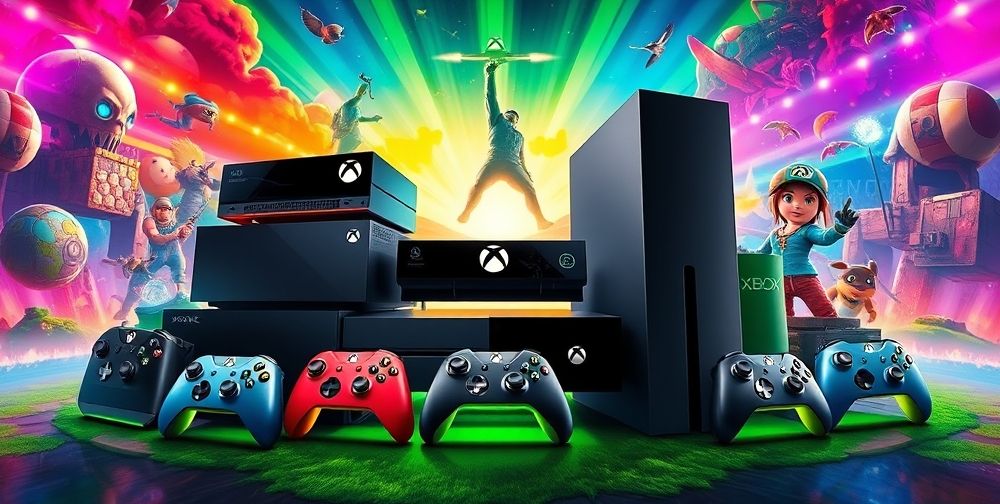 A vibrant and detailed illustration of the Xbox gaming ecosystem, featuring various Xbox consoles, controllers, and popular game titles, with a colorful background depicting a gaming landscape.