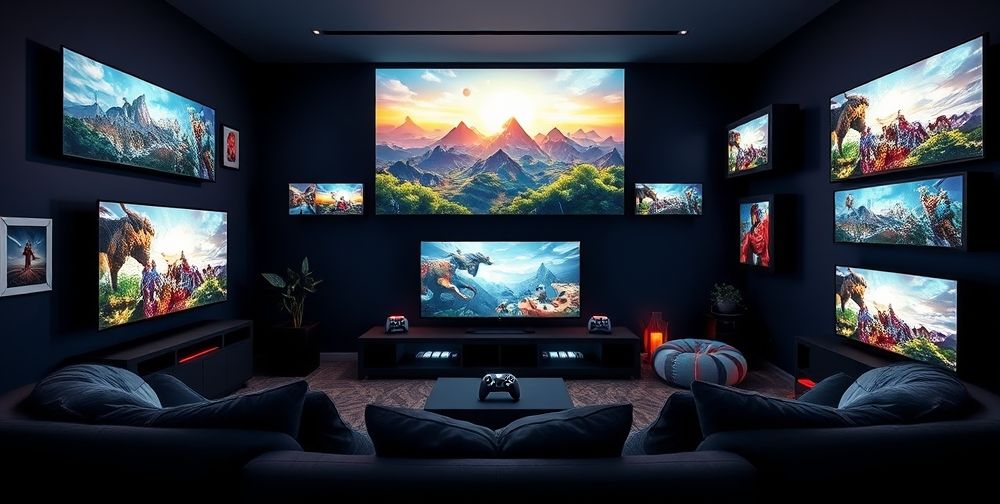 A futuristic gaming setup showcasing Xbox's potential in cloud gaming, with bright screens, diverse game titles displayed, and a cozy living room setting.