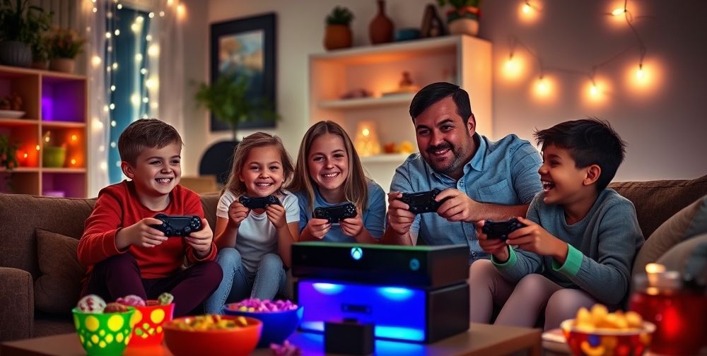 A vibrant and colorful scene of a family gathered around an Xbox console, joyfully playing a multiplayer game together in a cozy living room, with snacks around and colorful lighting.