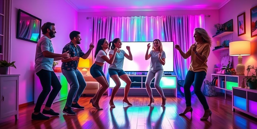 A dynamic scene of a family dancing together in their living room while playing Just Dance on their Xbox, colorful lights and lively atmosphere creating a fun and engaging environment.