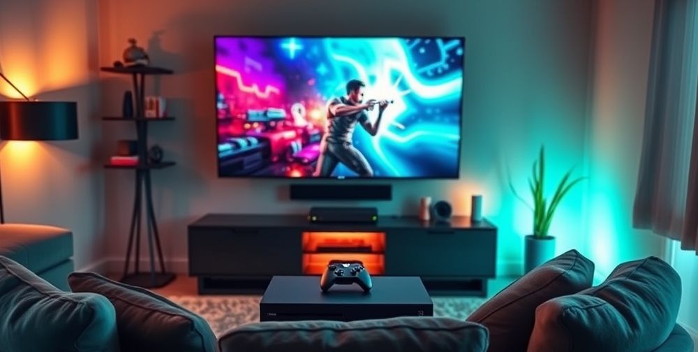 A well-organized gaming setup featuring an Xbox console, displaying optimized graphics settings on a large television screen, with a cozy environment and ambient lighting.