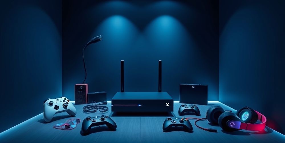 A sleek modern gaming room with an Xbox console, featuring an Ethernet connection prominently displayed, alongside a high-speed internet router and an array of gaming accessories.