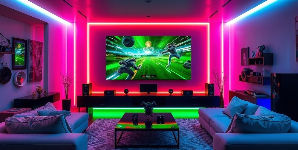 A futuristic living room featuring a large flat-screen TV displaying the latest Xbox console gameplay, vibrant colors, and high-tech gadgets surrounding the gaming setup, creating a modern, immersive atmosphere.