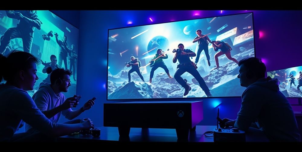 A vibrant gaming setup featuring an Xbox console, colorful LED lights, and a large screen displaying a multiplayer gaming scene, showcasing gamers in intense gameplay moments.