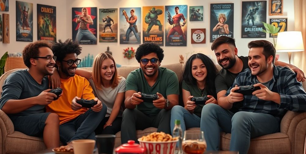 A group of diverse gamers engaging in an online multiplayer Xbox game in a cozy living room, highlighting the sense of community and interaction among players.