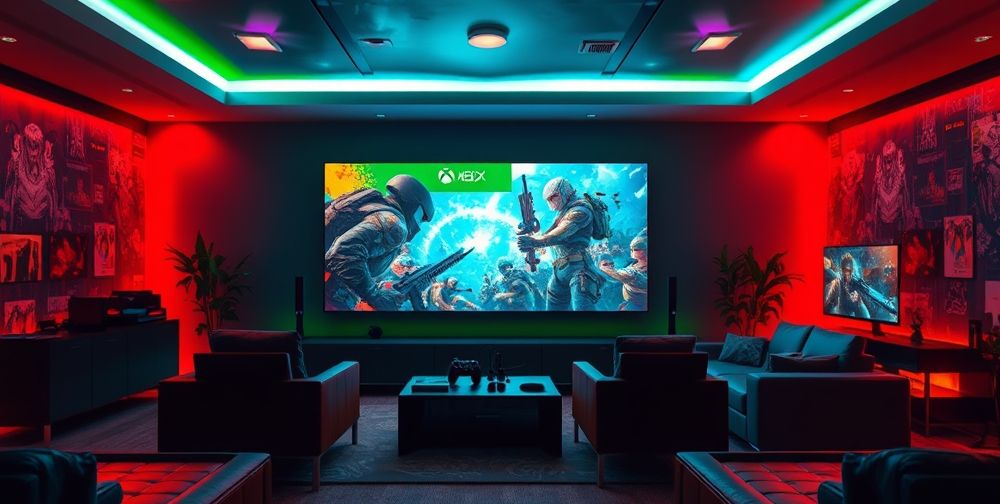 A stunning 4K gaming setup with vibrant colors, showcasing the new Xbox graphics capabilities on a large screen, intricate details in character design, and a modern gaming room ambiance.