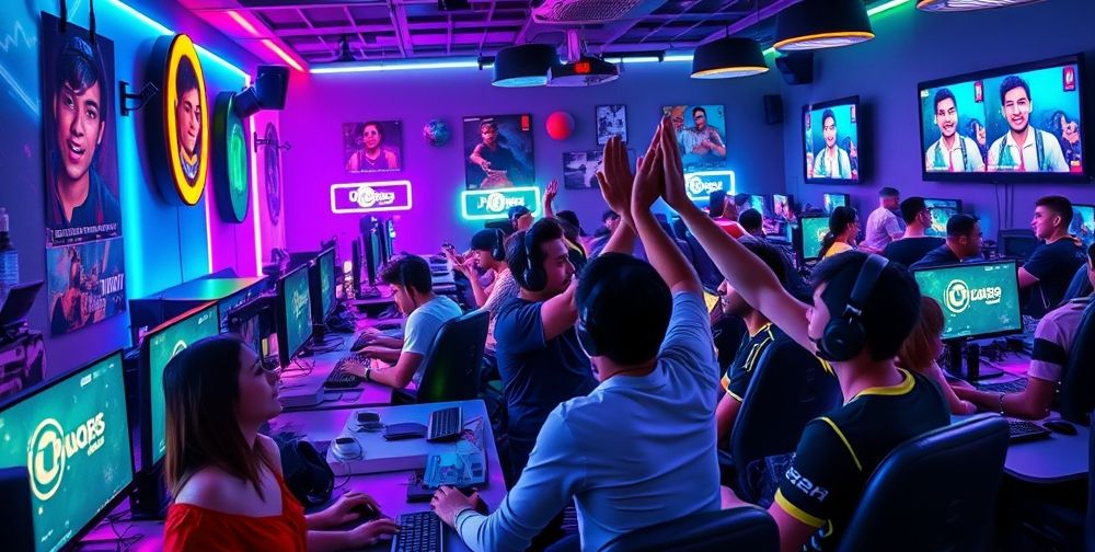 A vibrant online gaming community, showcasing players interacting, sharing moments of victory, and engaging through varied social platforms and environments.