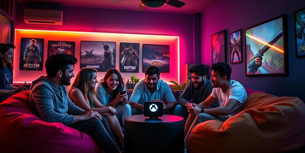 A vibrant gaming room with people playing Xbox together, engaging in a lively conversation, colorful LED lights illuminating the space, showcasing excitement and camaraderie.