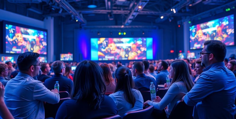 A detailed view of a bustling game development panel, with industry experts discussing new trends, challenges of multiplayer games, and audience engagement, enhanced by digital displays and enthusiastic participants.