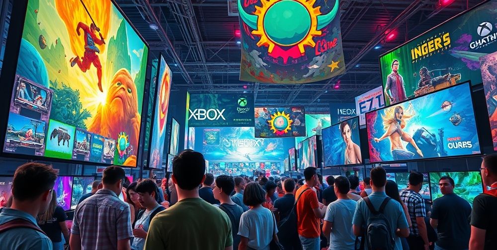 A vibrant and diverse showcase of indie games on Xbox, highlighting creative artwork, gameplay footage, and enthusiastic game developers interacting with fans at a gaming expo.