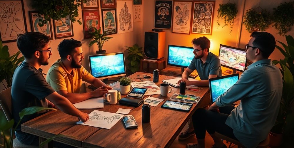 An indie game developer team collaborating intensely on their project, surrounded by sketches and digital screens showcasing their innovative game designs in a cozy, creative workspace.