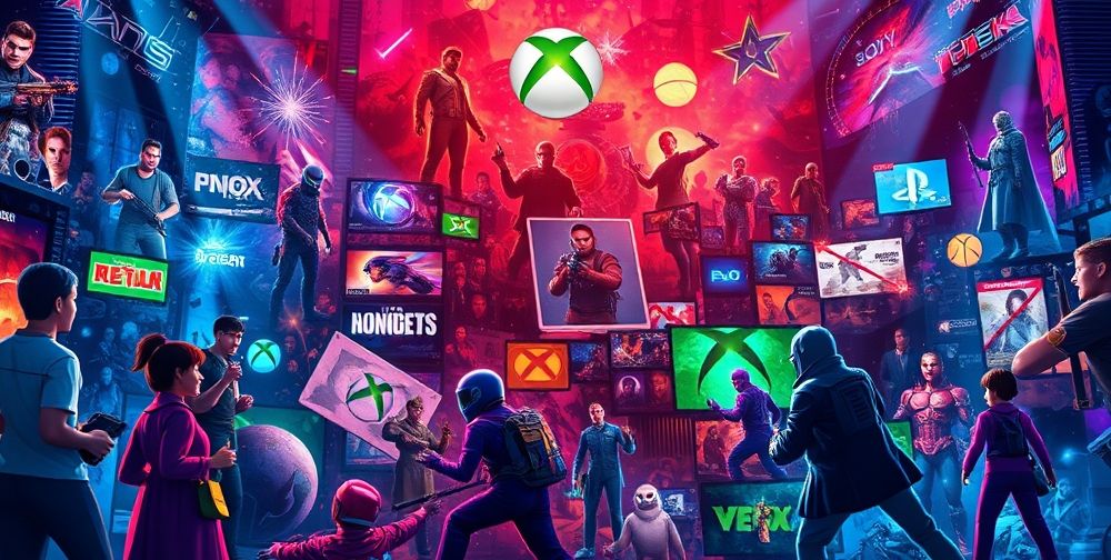 A detailed overview of the Xbox gaming strategy, showcasing vibrant colors, dynamic graphics and a diverse collection of gaming titles that appeal to different audiences.