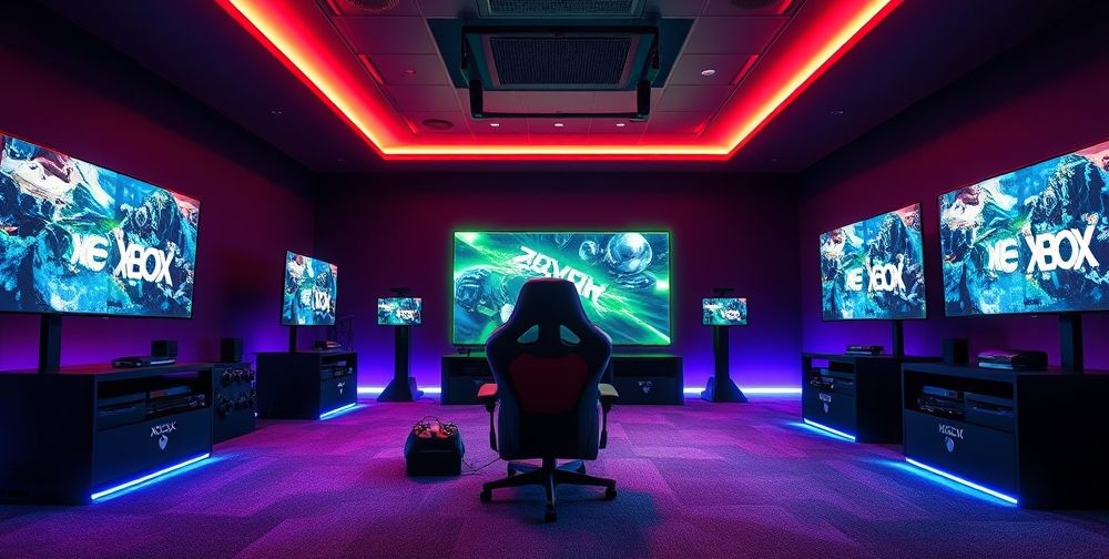 An innovative display of Xbox technology in a modern gaming setup featuring next-gen consoles, VR headsets, and multi-screen gaming experiences with vibrant lighting.