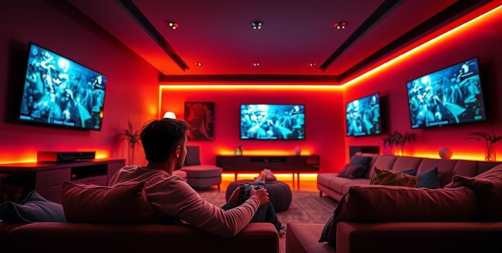 A modern living room showcasing a gamer using the Xbox console, surrounded by high-definition screens and LED lighting, emphasizing the immersive gaming experience.