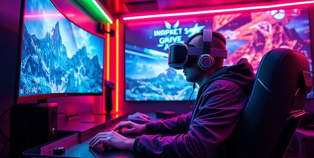 A futuristic gaming setup with immersive virtual reality elements, including a gamer fully engaged in a virtual reality game, showcasing advanced technology and vibrant visuals.