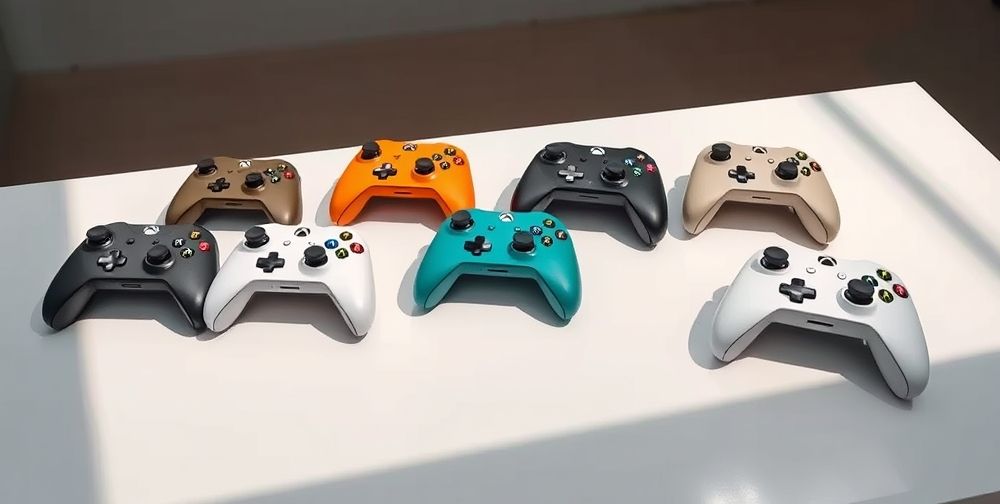 An array of various Xbox controllers displayed on a clean surface, showcasing the evolution from the original to the latest model, with different colors and designs representing their unique features.