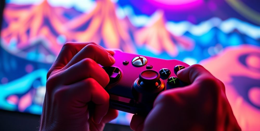 A close-up of a gamer’s hands on an Xbox controller, showcasing an intense gaming moment with vibrant colors from the game screen reflected on the controller, emphasizing the immersive experience.