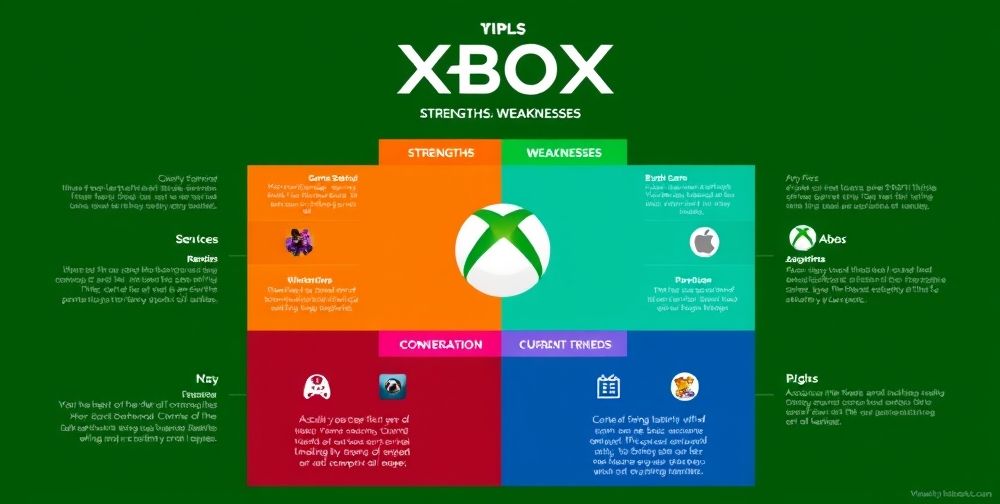 An infographic comparing Xbox strengths and weaknesses with highlighted sections on online services, game selection, and pricing trends.