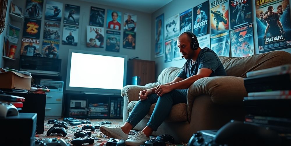 A frustrated gamer attempting to connect to Xbox Live, showing a cluttered living room with a game console and controllers scattered around.