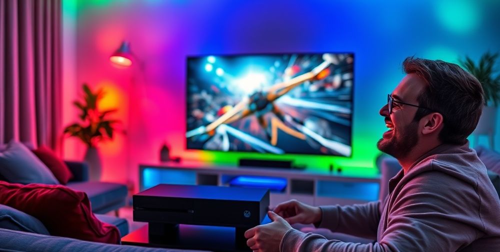 An advanced Xbox console setup in a modern living room with vibrant LED lights, showcasing a high-definition screen displaying an exciting game, and a user joyfully engaged in gameplay.